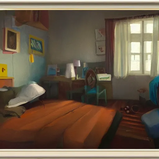 Prompt: a y 2 k teen room, oil painting, pale colors, high detail, 8 k, wide angle, trending on artstation,