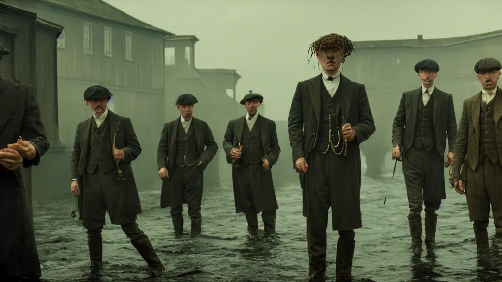 Prompt: the peaky blinders crew with shrimp heads coming out of the ocean film still from the movie directed by denis villeneuve with art direction by zdzis