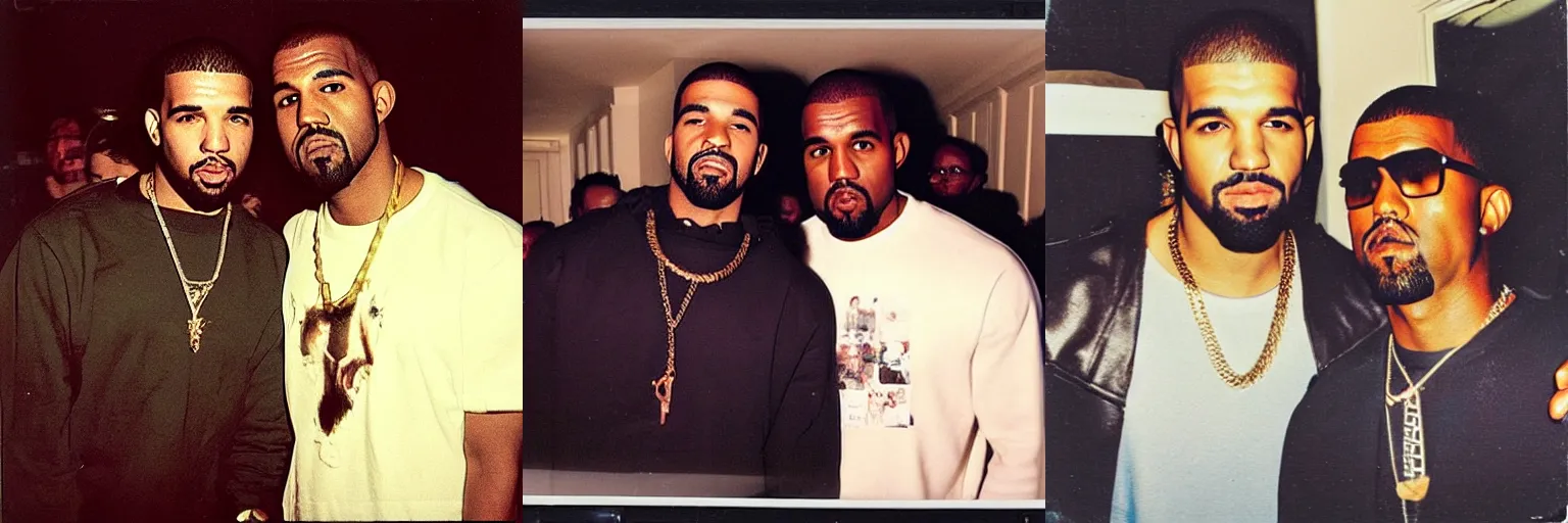 Prompt: 2000s Polaroid photo of Drake and Kanye West having a party