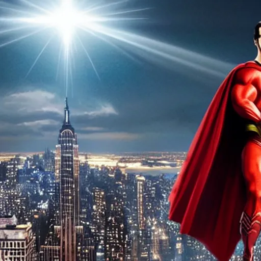 Prompt: Incredible cinematic realistic image of Henry Cavill dressing up the cape as Superman at top of empire state fighting a giant kaiju, destruction over new york, hyper real, intrincate, cinematic global ilumination, dawn, lens flare