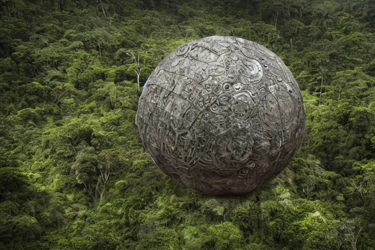 Image similar to photograph of a gigantic paleolothic sphere made of stone with highly detailed carvings of intricate shamanic robotic electronics and circuits, in a rain forest, inside a valley overlooking the amazon, by michal karcz, amazonian vista