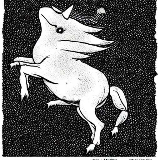 Image similar to winged flying pig with unicorn horn, richard corben style, black and white, stipple