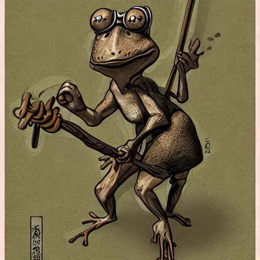 Image similar to A oldman frog holding himself with a staff. Artstation, Hiroaki Tsutsumi style