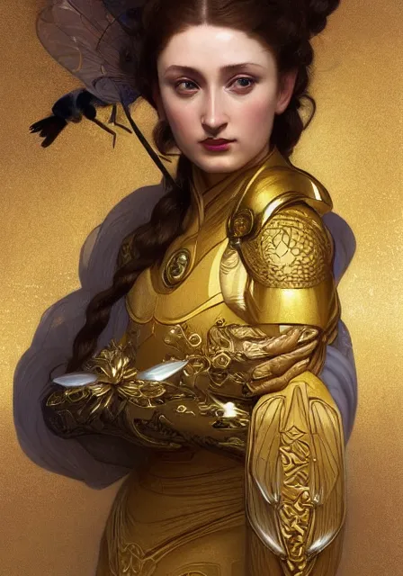 Prompt: sansa bee bee bee bee bee bee bee bee gold, intricate, elegant, highly detailed, digital painting, artstation, concept art, smooth, sharp focus, illustration, art by artgerm and greg rutkowski and alphonse mucha and william - adolphe bouguereau