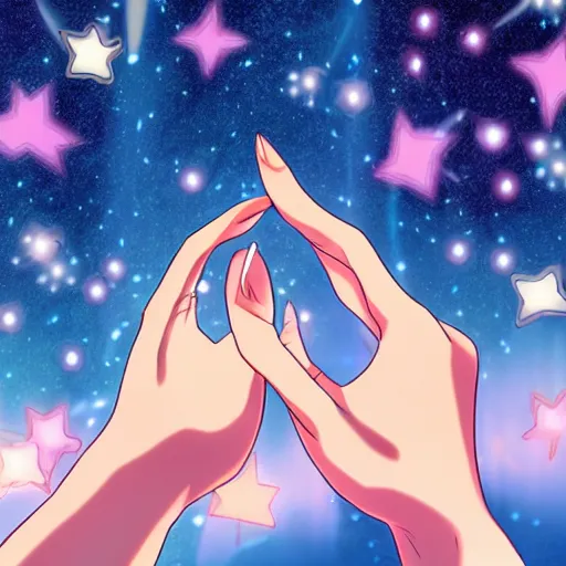 Image similar to anime illustration of stars falling from her fingertips