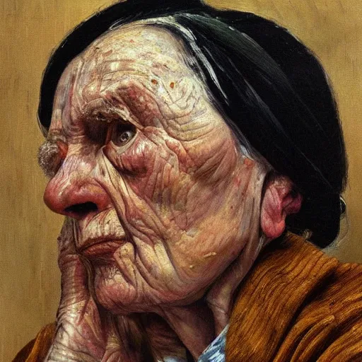 Prompt: Oil painting Portrait of a sad old Woman, by Lucian Freud, Abstract brush strokes, Masterpiece