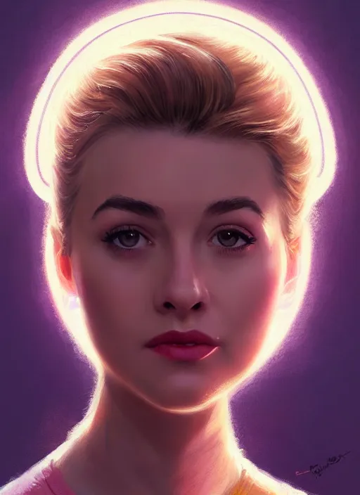 Image similar to portrait of betty cooper with fluffy bangs, bangs, 1 9 6 0 s, ponytail, curly bangs and ponytail, rounder face, intricate, elegant, glowing lights, highly detailed, digital painting, artstation, concept art, smooth, sharp focus, illustration, art by wlop, mars ravelo and greg rutkowski