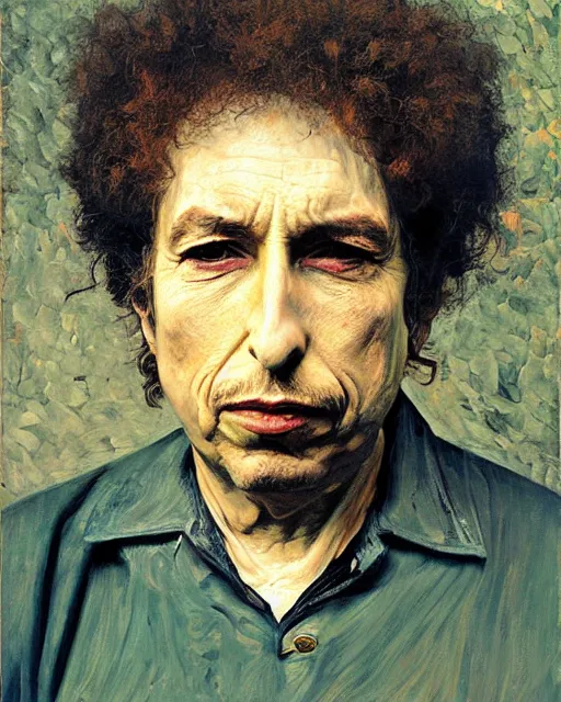 Image similar to painterly portrait, Bob Dylan, impasto, fantasy, chuck close:7, carl spitzweg:7, cinematic light, full face, symmetrical face