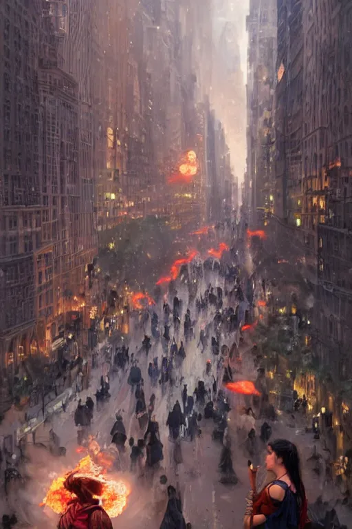 Image similar to Beautiful few sorcerers attacking people on streets with thunders in New York city , wide angle, magic, fire, face painting, dramatic lighting, intricate, wild, highly detailed, digital painting, artstation, concept art, smooth, sharp focus, illustration, art by artgerm and greg rutkowski and alphonse mucha, footage from space camera