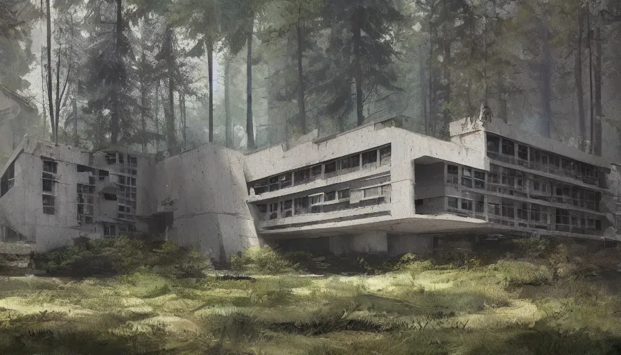 Image similar to brutalist house in the forest, cinematic shot, aaa game concept art oil painting by jama jurabaev, extremely detailed, brush hard, artstation, high quality, brush stroke