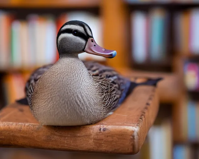 Prompt: 8 5 mm photography of a duck at a library with dof and bokeh and book shelves out of focus in the background. highly detailed 8 k. intricate. lifelike. soft diffused light. nikon d 8 5 0.
