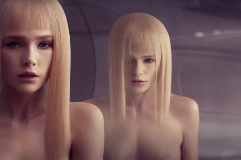 Prompt: a still from bladerunner 2 0 4 9 depicting a medium shot photograph of a beautiful woman with blonde hair. she stands inside a futuristic pod shaped immortality machine. she stares intently into the camera with a hungry expression. sci fi, futuristic, cinematic, low light, soft focus.