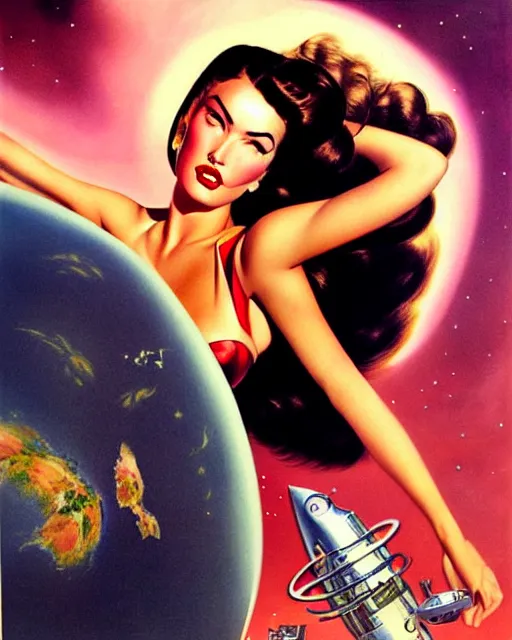 Image similar to closeup beautiful retro space megan fox varga girl, posing on a chrome space ship in diesel punk city, windblown dark hair, seductive, hyper detailed, digital art, smooth, sharp focus, gil elvgren, anna dittmann alberto vargas, 1 9 5 0, when mars attacks