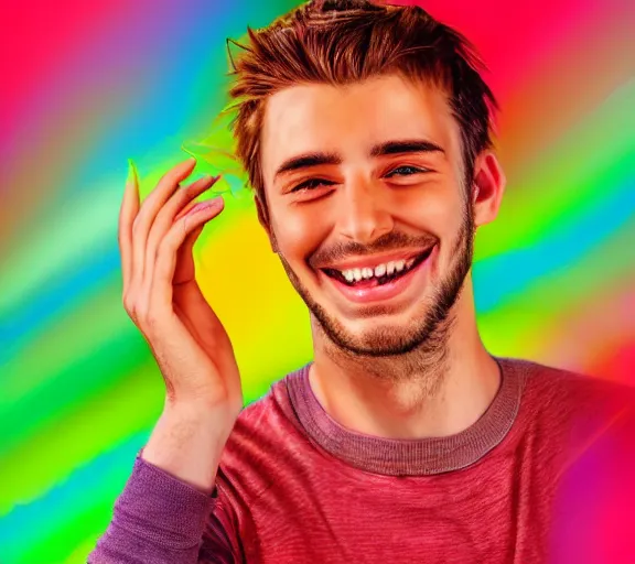 Image similar to beautiful young man smiling running his hand through his hair, digital art, colourful, digital art, seductive.