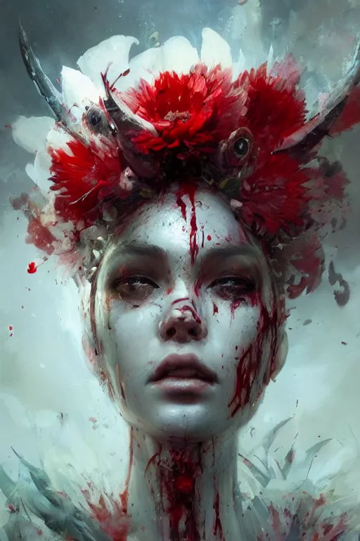 Image similar to abstract face closeup of beautiful girl predator covered with blood, white horns, 3 d render, hyper realistic detailed portrait, holding magic flowers, ruan jia, wlop. scifi, fantasy, hyper detailed, octane render, concept art, by peter mohrbacher, by wlop, by ruan jia