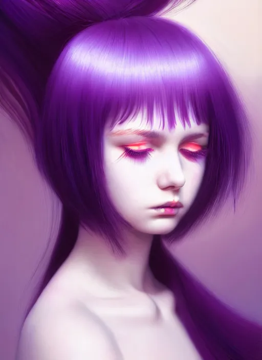 Image similar to hair whitebangs hair, black hair, whitebangs, portrait of teenage girl with white bangs, red irises, purple clothes, white bangs, bangs are different color from hair, intricate, elegant, glowing lights, highly detailed, digital painting, artstation, concept art, smooth, sharp focus, illustration, art by wlop, mars ravelo and greg rutkowski