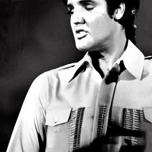 Image similar to fillm still, full body shot of Elvis Presley turned into a zombie, from the TV-series The Walking Death, promotional image, graphic,