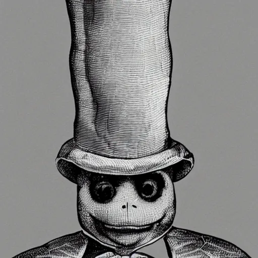 Prompt: a turtle with a top hat, mega detailed,