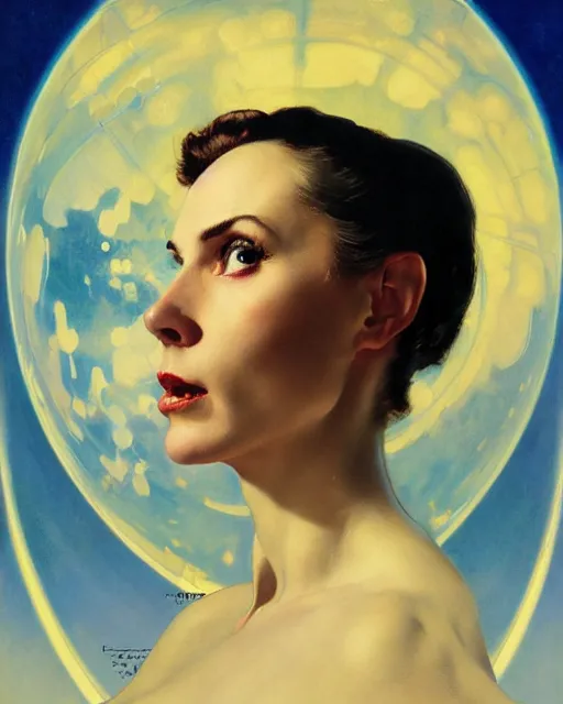 Image similar to head portrait of elegant space woman with wideset blue eyes by norman rockwell, roberto ferri, daniel gerhartz, edd cartier, jack kirby, howard v brown, ruan jia, tom lovell, frank r paul, dean cornwell, astounding stories, amazing, fantasy, other worlds