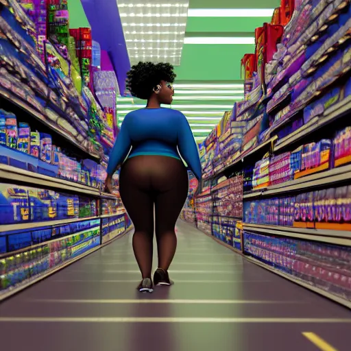 Image similar to high quality still of black bbw woman in wal-mart, 3d, in the style of pixar, comic book style, from behind, highly detailed, 16k resolution, octane renderer, coherent