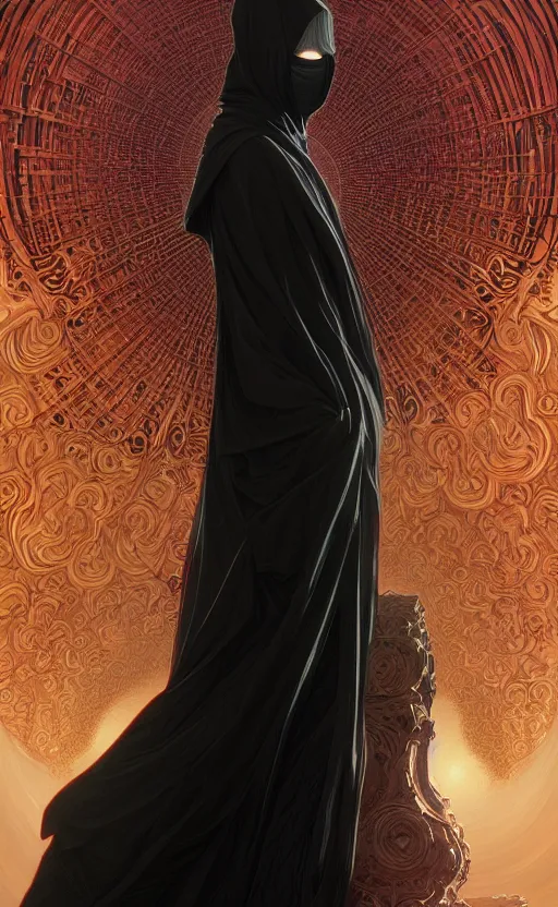 Prompt: Faceless creature wearing a black robe, it's face has been replaced by a fractal singularity of shifting patterns. fantasy, highly detailed, digital painting, artstation, concept art, smooth, sharp focus, illustration, art by artgerm and greg rutkowski and alphonse mucha