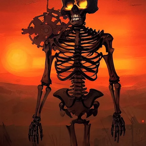 Prompt: steampunk skeleton with glowing red eyes , backlight sunset artstation painting by greg rutkowski