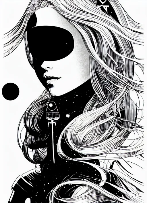 Prompt: highly detailed portrait of a hopeful pretty astronaut lady with a wavy blonde hair, by Al Williamson, 4k resolution, nier:automata inspired, bravely default inspired, vibrant but dreary but upflifting red, black and white color scheme!!! ((Space nebula background))