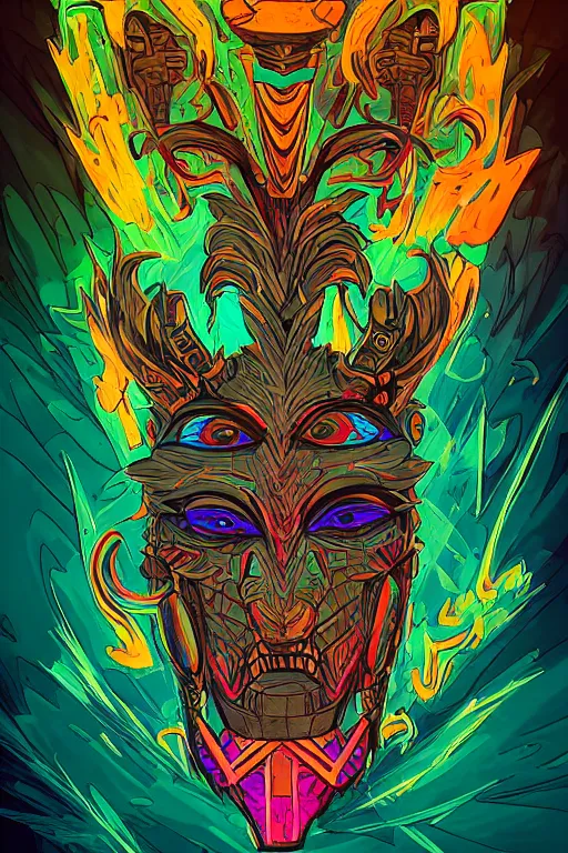 Image similar to totem animal tribal chaman vodoo mask feather gemstone plant wood rock video game illustration vivid color borderlands by josan gonzales and dan mumford radiating a glowing aura