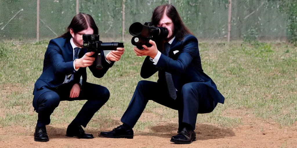 Image similar to a long hair man in suit with a gun aimed the lens while helping a jk girl squatting on the ground stand up.