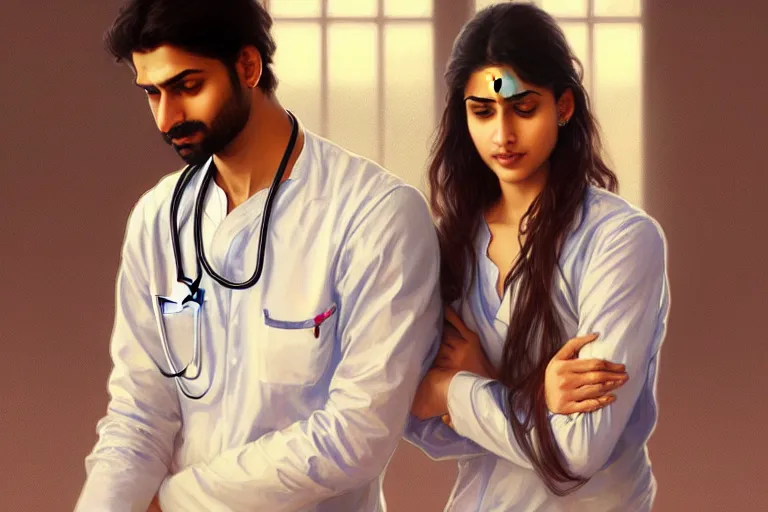 Image similar to Anxious pretty pale young Indian doctors wearing jeans and shirts at the airport, portrait, elegant, intricate, digital painting, artstation, concept art, smooth, sharp focus, illustration, art by artgerm and greg rutkowski and alphonse mucha