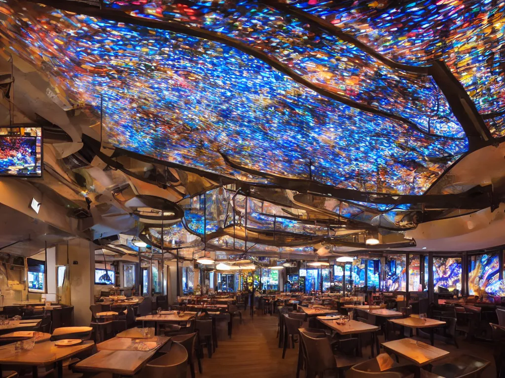 Prompt: screens with curved translucent screens projecting detailed sci - fi art, pixel perfect photograph, high contrast, volumetric lighting, thin glowing lights, restaurant, chairs, users, pair of keys