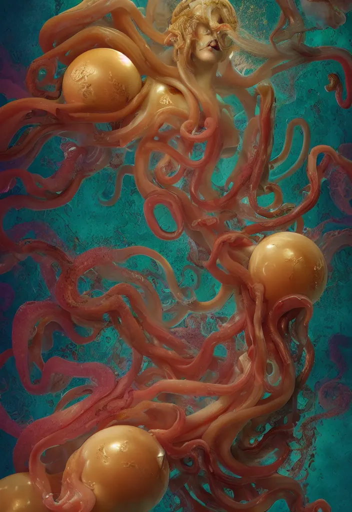 Image similar to subsurface scattering, medusa made of soft wax, cgsociety, translucent, organic squid and ceramic art nouveau swirls, golden orbs, colored smoke, in the style of alberto seveso and ruan jia and beeple and giger, mystical colors, back light, rim light, dramatic lighting, 8 k, stunning scene, raytracing, octane render