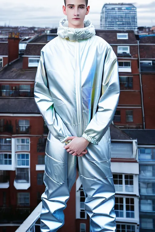 Image similar to un ultra high definition studio quality photographic art portrait of a young man standing on the rooftop of a british apartment building wearing soft baggy inflatable padded silver iridescent pearlescent clothing. three point light. extremely detailed. golden ratio, ray tracing, volumetric light, shallow depth of field. set dressed.