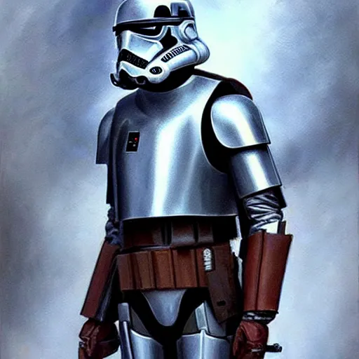 Prompt: realistic star wars armor character, painting by bryan matyas