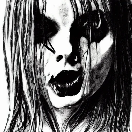 Image similar to grunge drawing of margot robbie in the style of the grudge | horror themed