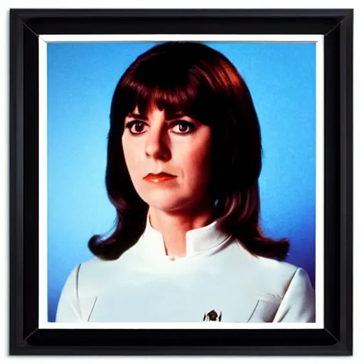 Image similar to a full body photograph of 1 9 7 0 s sarah jane smith from doctor who as a star fleet science officer from star trek next generation, full dress uniform, symmetrical face, extreme realism and detail, 8 k, completely framed, direct lighting, 3 5 mm photo, photorealistic, sharp focus