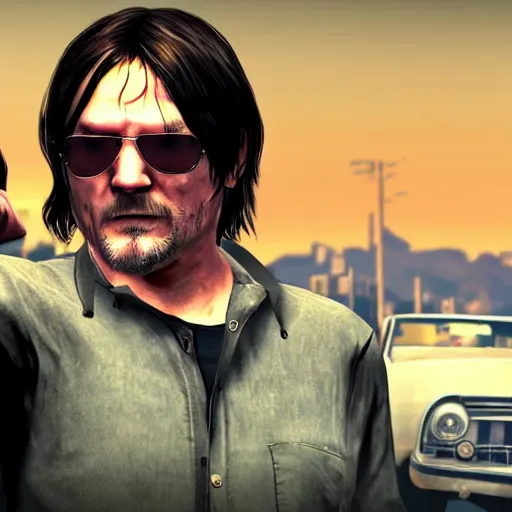 Image similar to Norman Reedus in a GTA V loading screen, screenshot