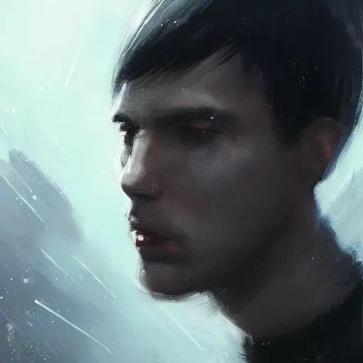 Image similar to portrait of a man by greg rutkowski, he is about 3 0 years old, short black hair with bangs, scared and incredulous, very tall and slender, he is wearing futuristic space gear, highly detailed portrait, digital painting, artstation, concept art, smooth, sharp foccus ilustration, artstation hq
