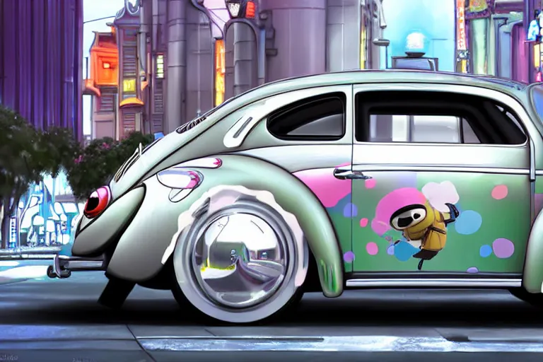 Prompt: a wholesome animation key shot of!! one!! focused!! vw beetle superbug!! in shiny reflective stainless steel, in a las vegas street, medium shot, studio ghibli, ( pixar ) and disney animation, sharp, very detailed, high resolution, rendered in unreal engine 5, anime key art by greg rutkowski, bloom, dramatic lighting