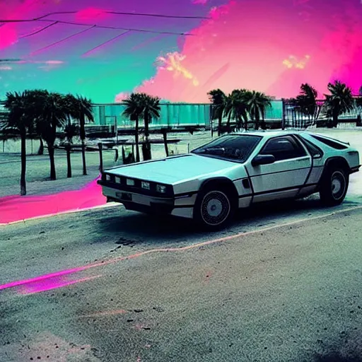 Image similar to miami beach sunset vapor wave palm trees 80s synth retrowave delorean decal car wide shot epic post apocalyptic landscape miami nuke fire craters end of the world