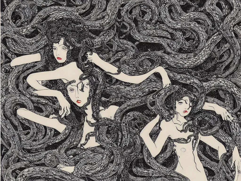 Image similar to medusa, cool face, snakes, super revolution, digital art by takato yamamoto