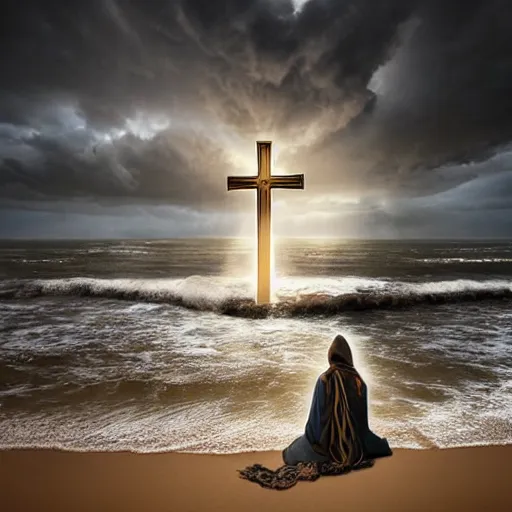 Prompt: a highly detailed tarot card of a large cross standing on the beach as a storm comes in with the tide, woman sitting in the sand watching the ocean, epic fantasy, god rays, rocky beach, ultrawide lense, aerial photography, unreal engine, exquisite detail, 8 k, art by albert bierstadt and greg rutkowski and jeong seon