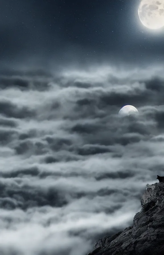 Image similar to a photograph of a wolf at full moon in a mountainous environment, full moon with fog and clouds, concept art, epic lighting, cinematographic