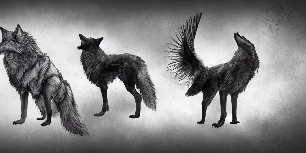 Image similar to wolf merged with crow,! photorealistic,! concept art