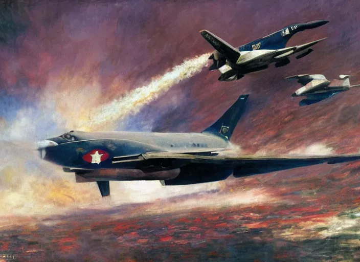 Image similar to illustration of the chilean coup d'etat of a plane at full speed bombing the government palace by john berkey and monet