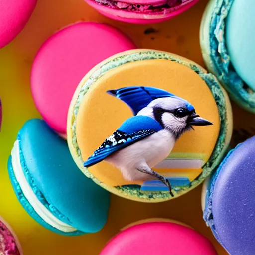 Image similar to A photograph of a (photorealistic blue jay) standing on a large basket of rainbow macarons.