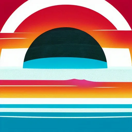 Image similar to a retro vector based illustration about a sunset on the ocean by Mike magnolia, negative space is allowed, black ink on white background, smooth curves