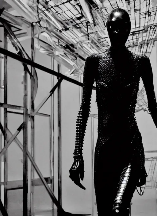 Image similar to walking down the catwalk, steven klein, ben watts, show, stage, vogue photo, podium, fashion show photo, iris van herpen, beautiful woman, perfect body, full body shot, helmet on face, masterpiece, guyver, jellyfish, biomechanical details, movie still, fauvism, cinestill, bokeh, gelios lens