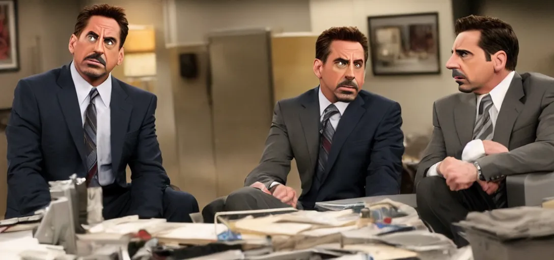 Prompt: a very high resolution image of tony stark with micheal scott. from an episode of the office. photorealistic, photography