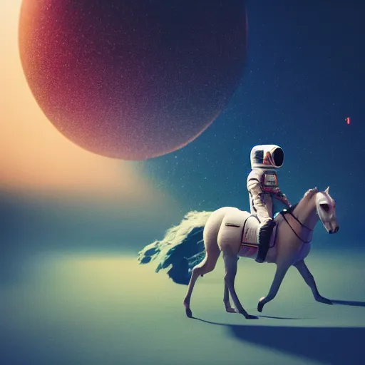 Image similar to photography of animal horse riding on top of an human astronaut. from western by hiroyuki okiura and katsuhiro otomo and alejandro hodorovski style with many details by mike winkelmann and vincent di fate in sci - fi style. volumetric natural light photo on dsmc 3 system,